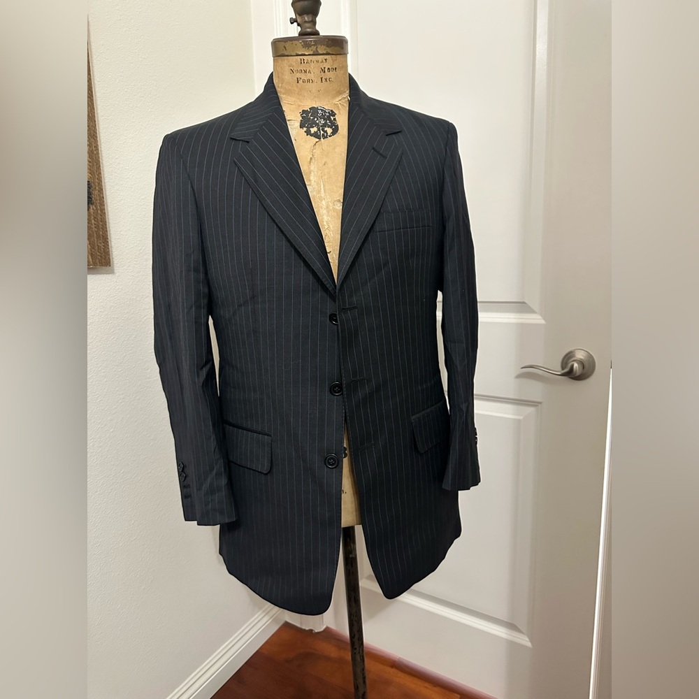Classic charcoal blue Pinstripe Men's Blazer cashmere wool blend super 120’s